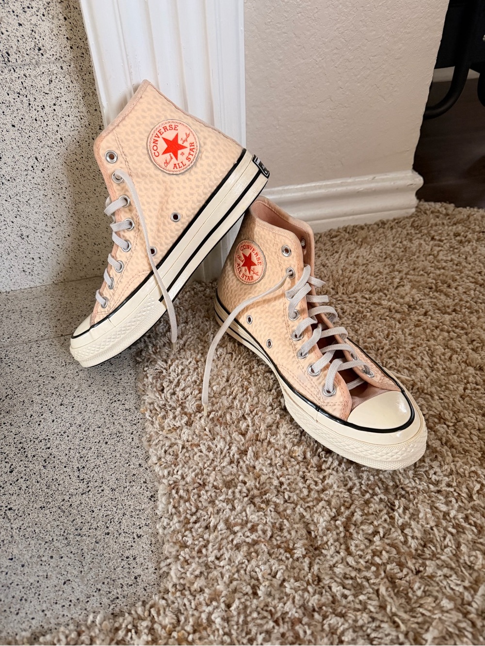 Converse High Top Sneakers in Soft Peach with Red Logo